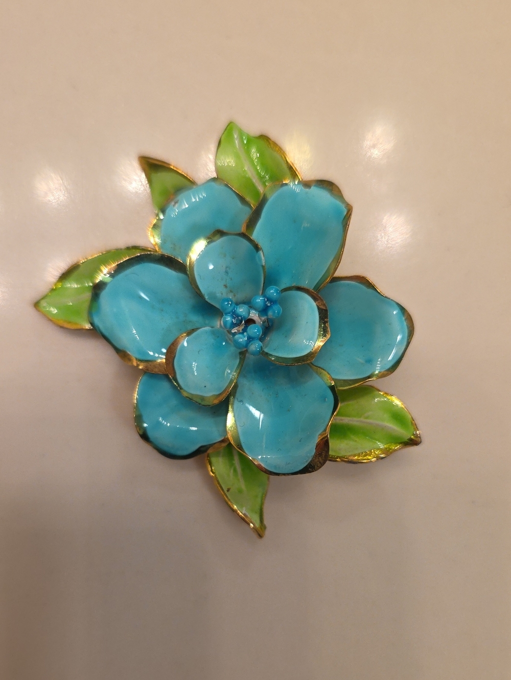 Blue and Green Enamel Flower Brooch with Gold Trim